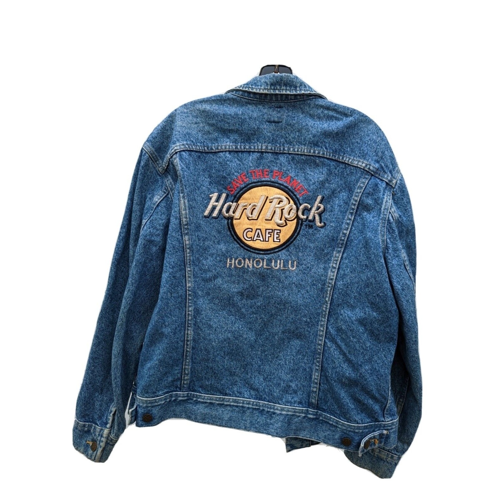 Vintage Lee Denim Jacket Hard Rock Cafe Honolulu 40r Blue Jeans 90s Sanfordized